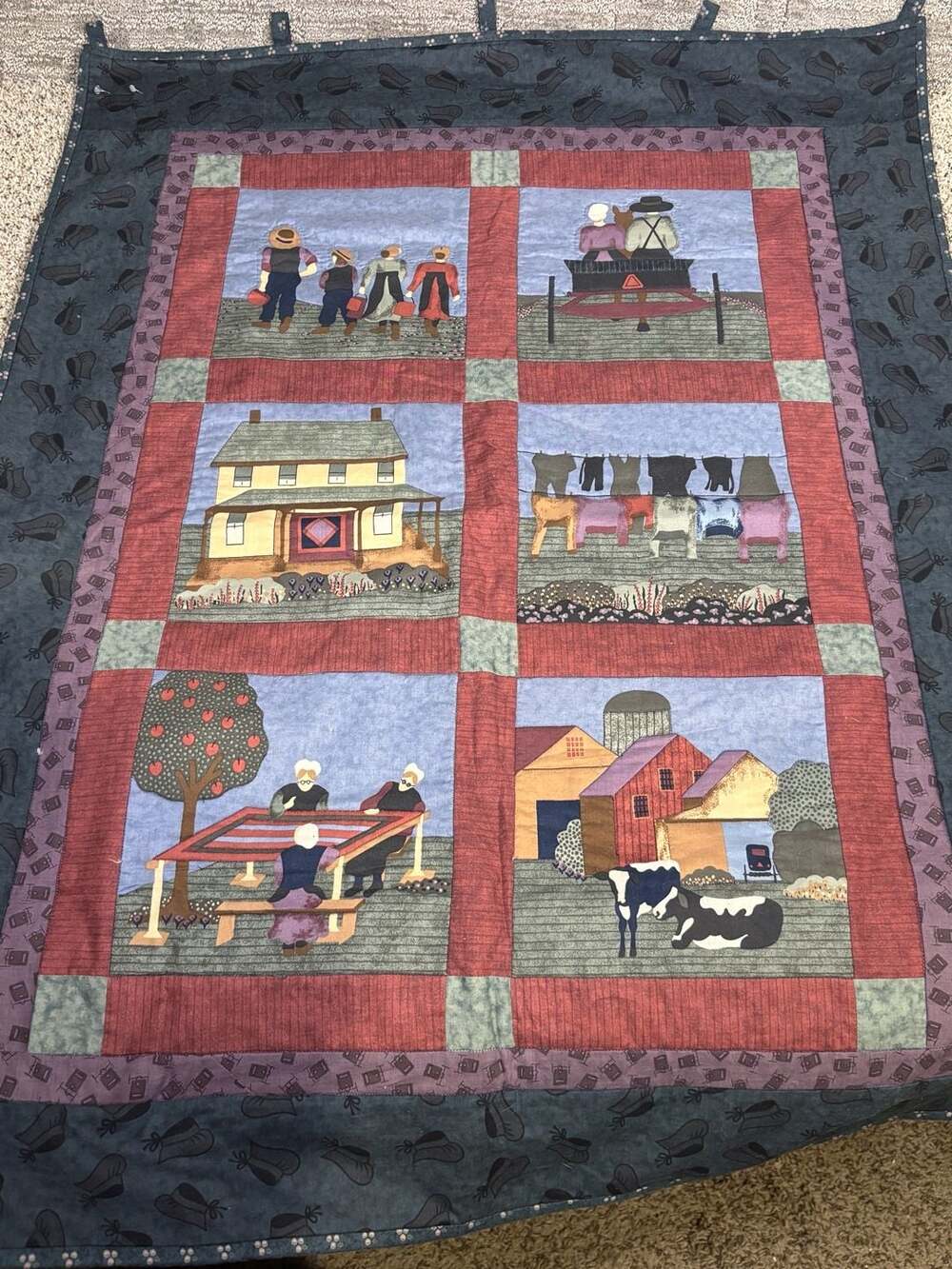 Handmade Folk Art Amish Lifestyle Patchwork Wall Quilt Vintage 167